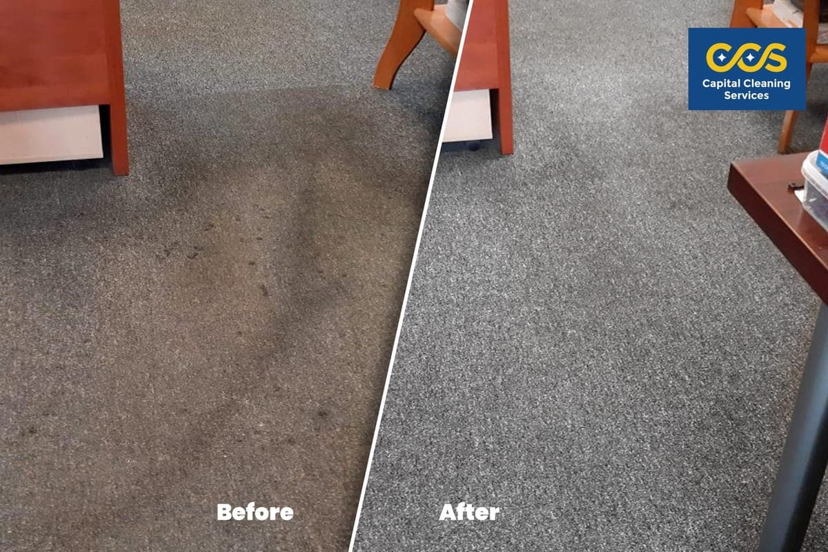 Before and after of an upholstered sofa cleaned by CCS