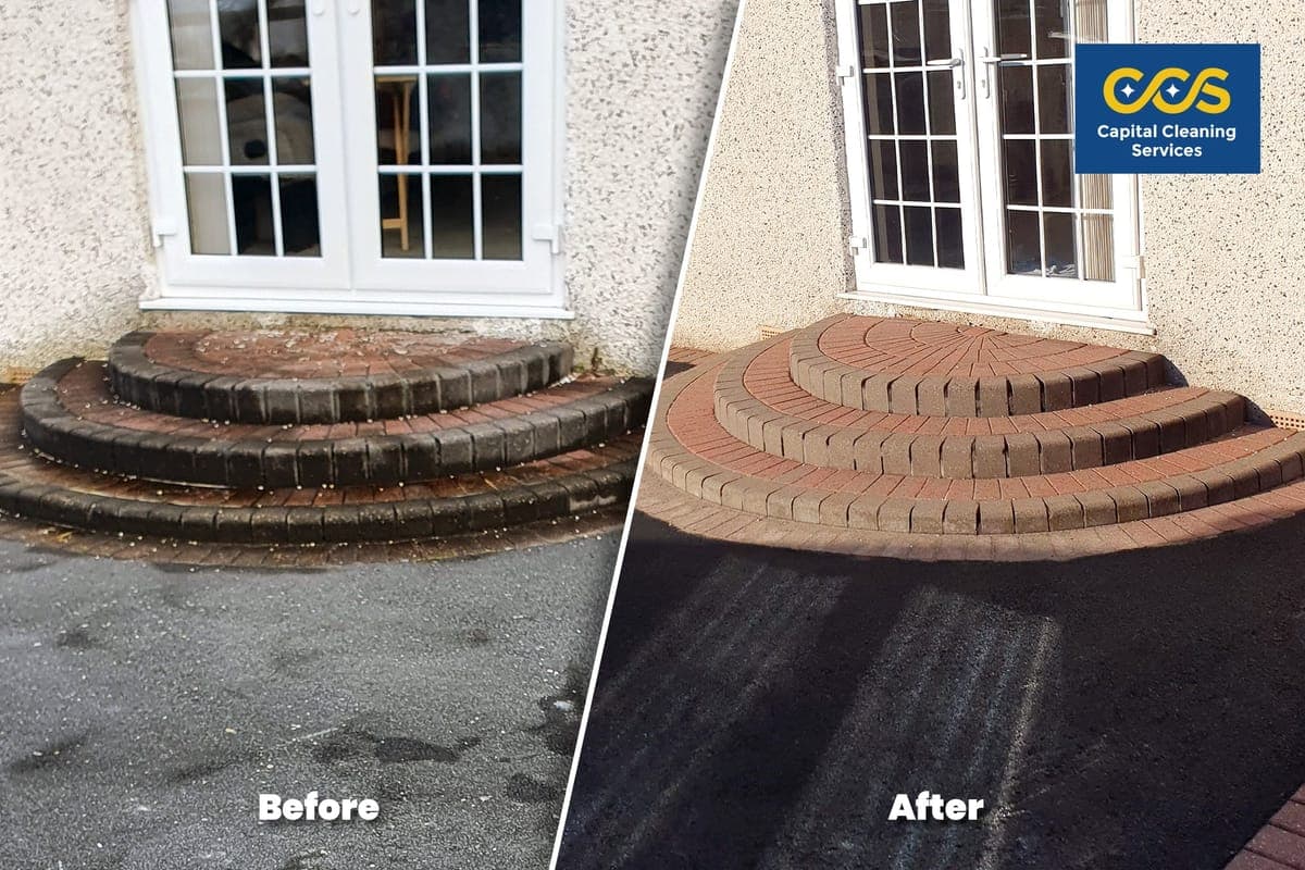 A Warrington patio during jet washing by CCS, half cleaned