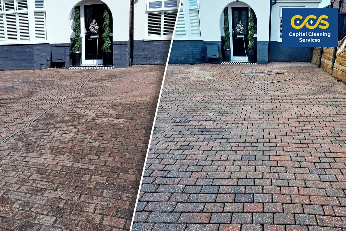 Block paved driveway during professional cleaning