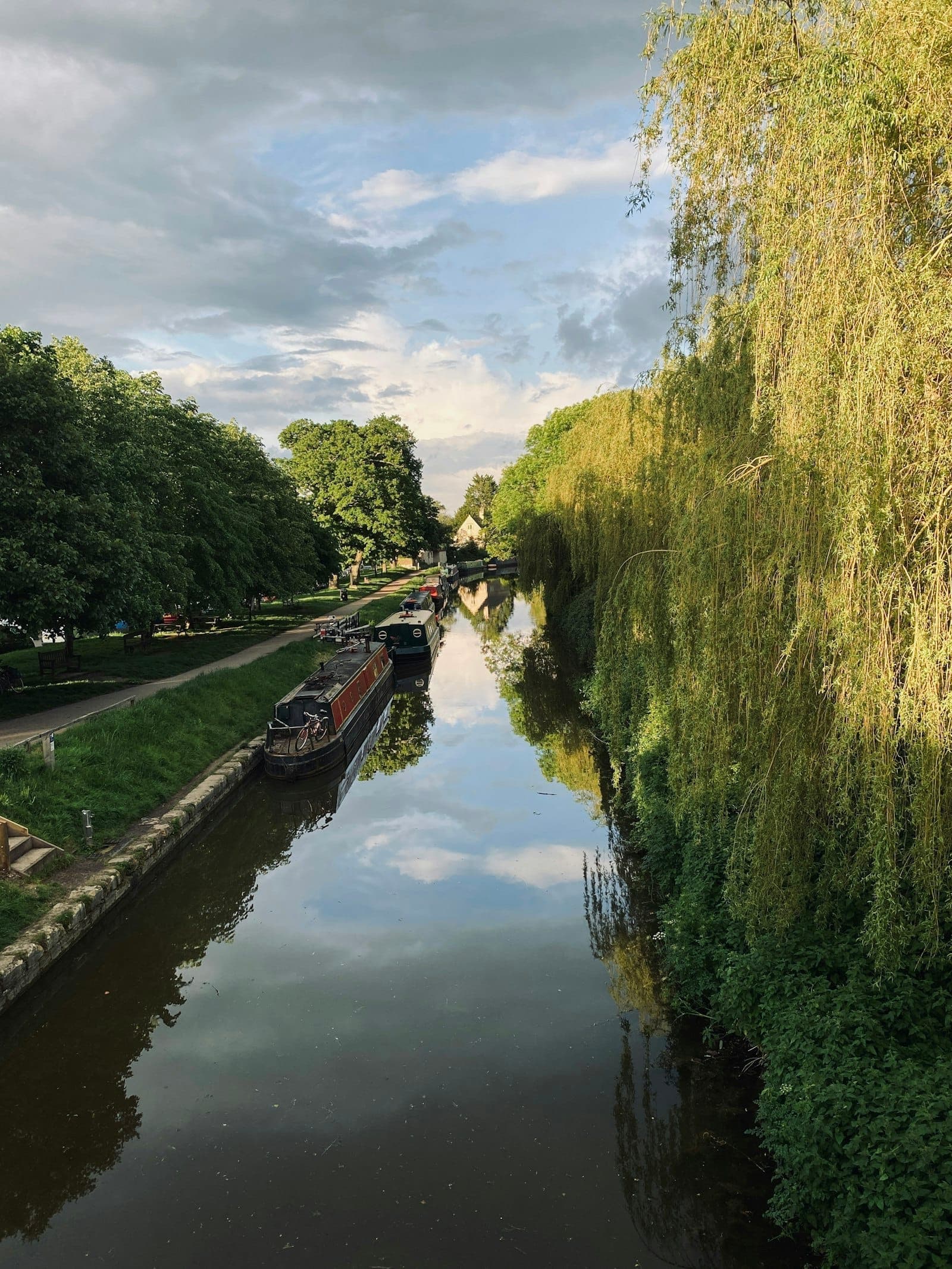 Narrowboats moored along a tree-lined canal towpath