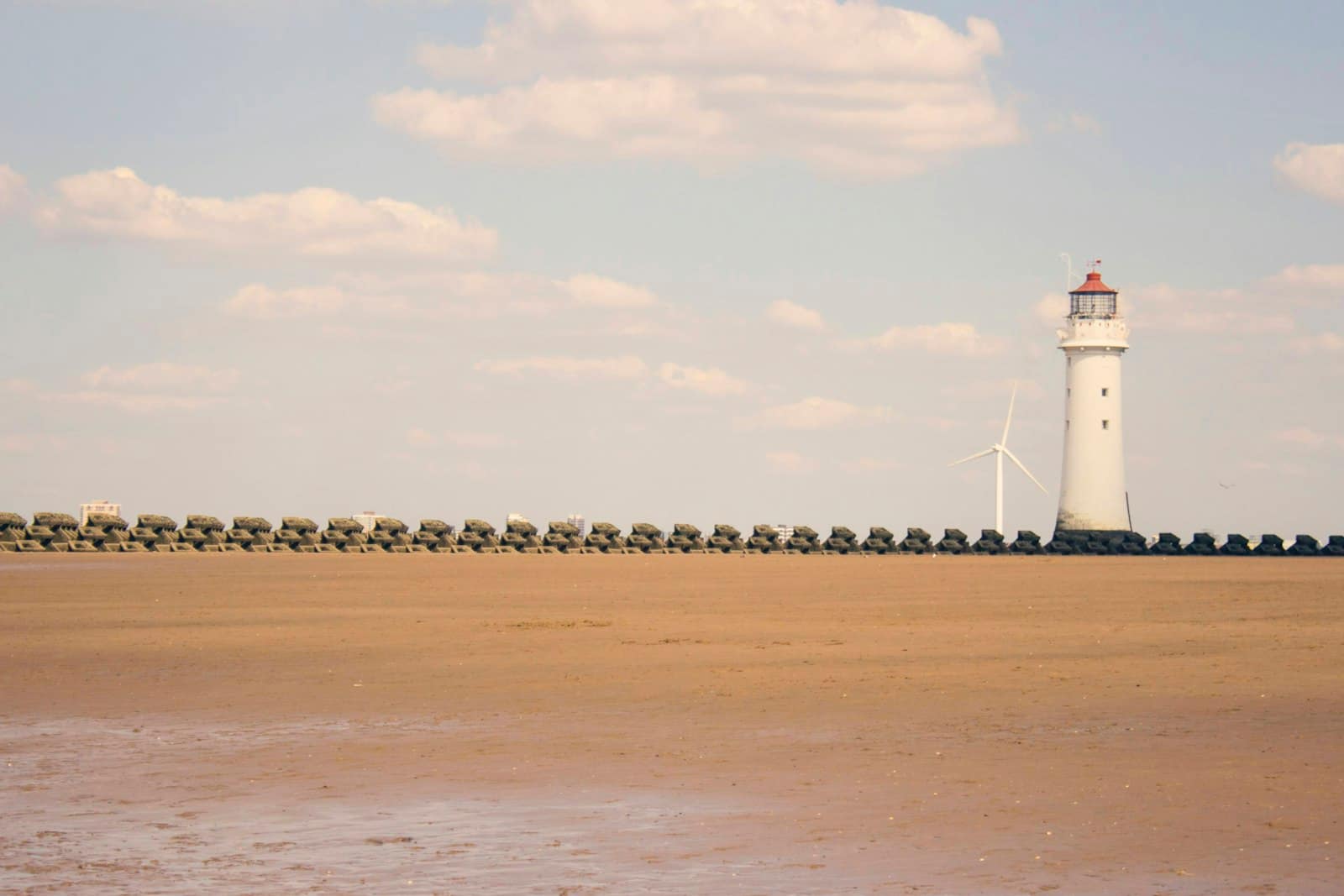 New Brighton lighthouse on the sands at low tide on the Wirral